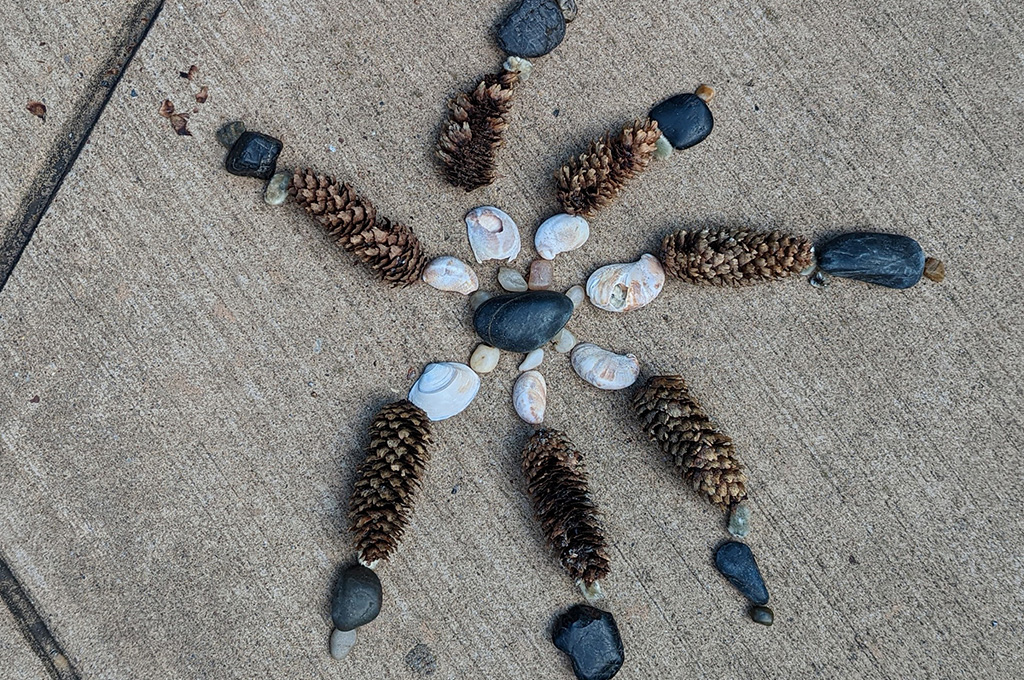 spiral art created with pinecones and rocks
