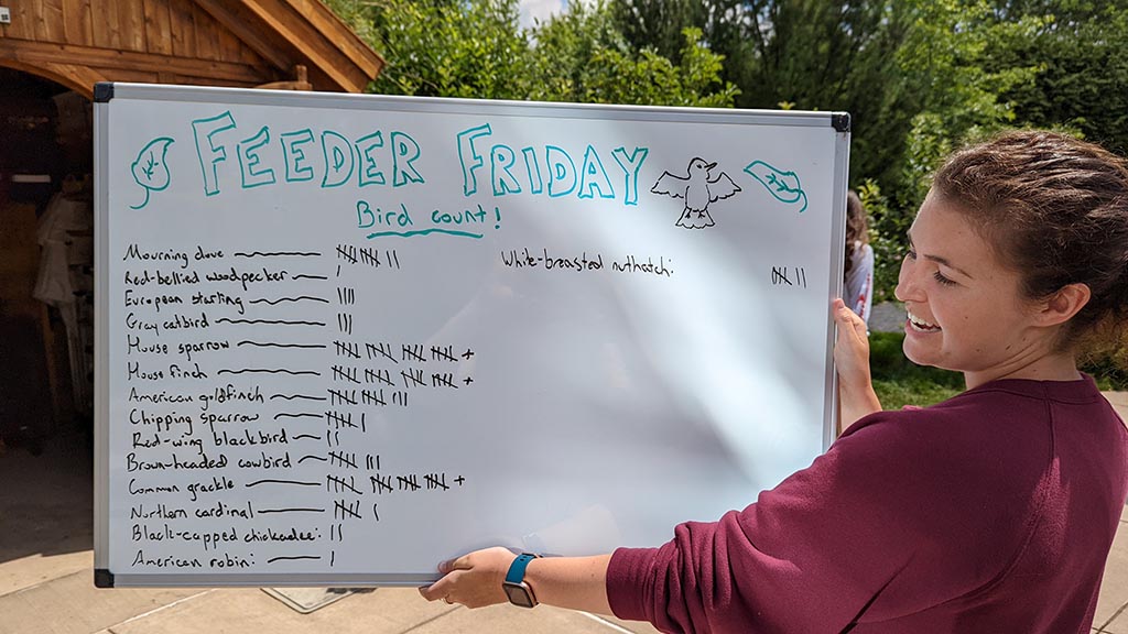 student intern holds whiteboard displaying birdwatch totals
