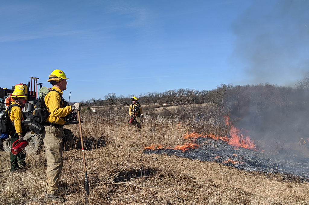 Firefighters monitor a small field fire