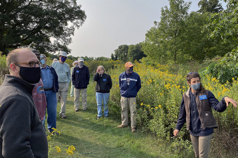 visitors gather near wildflowers