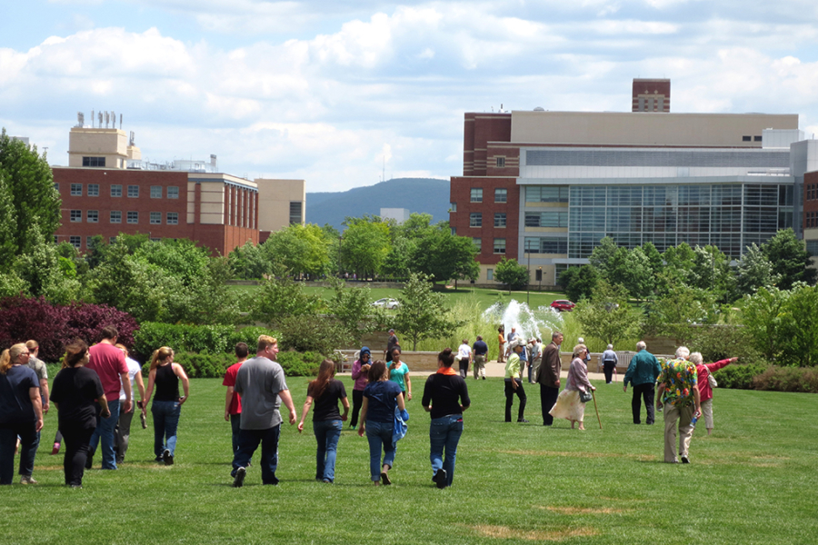 tour group walks across large lawn