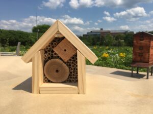 A solitary bee hotel in a garden