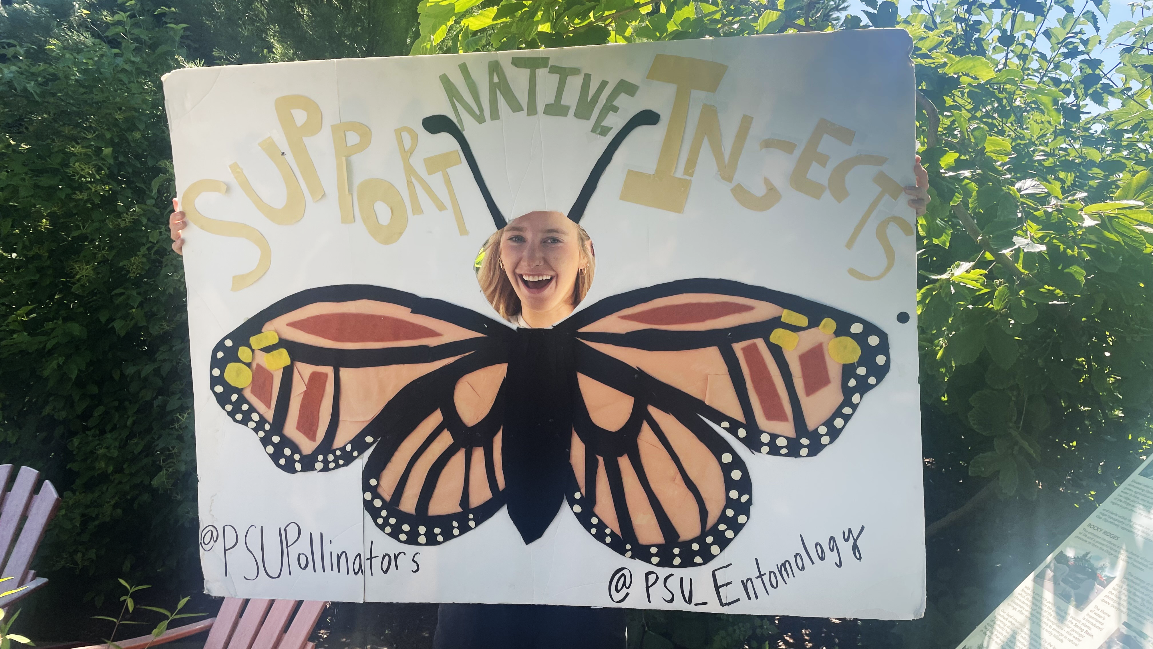 A woman's face framed by a butterfly poster